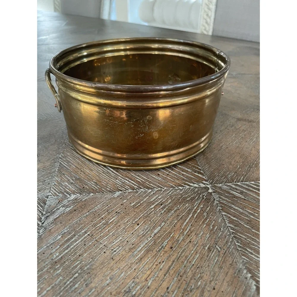 Vintage Solid Brass Round Planter Bowl with Handles 6.5